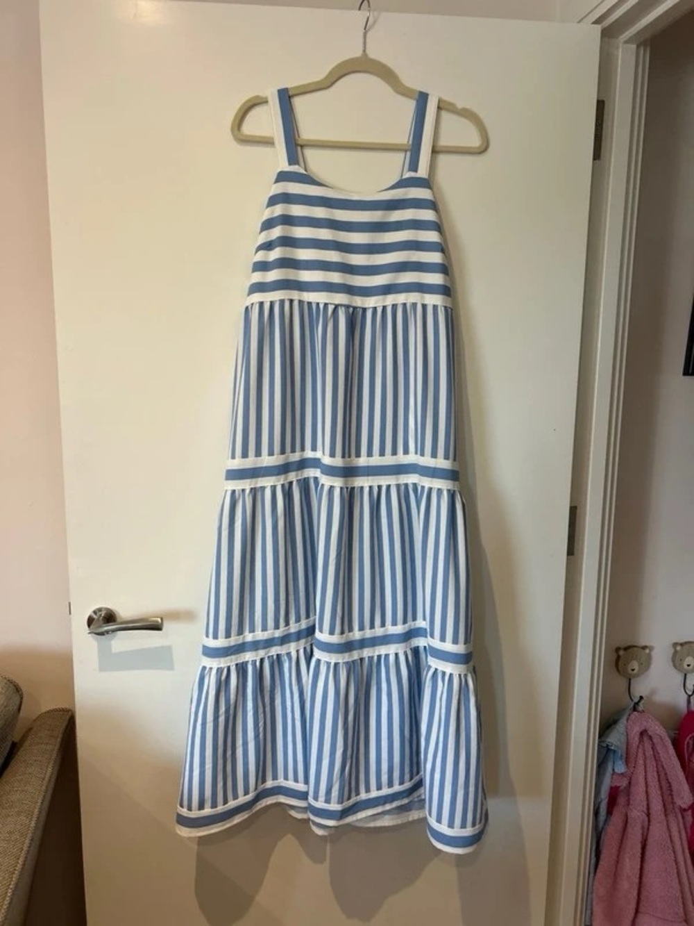 Blue and White Striped Tiered Midi Dress with Wide Straps